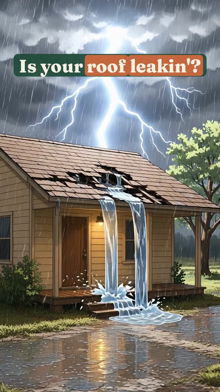 A small house with a leaking roof in a thunderstorm